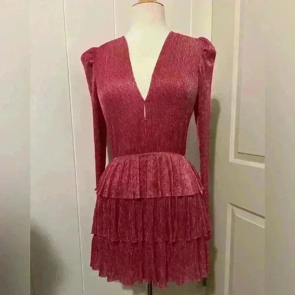 Sabina Musayev Carry Hot Pink Metallic Tiered Mini Dress Barbiecore Prom‎ Formal